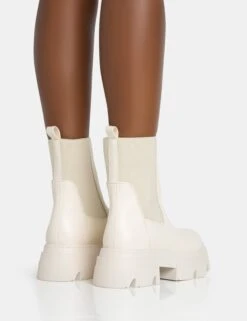 Edgy Cream Pu Elasticated Ankle Rounded Chunky Sole Ankle Boots -Boots Store 771A5607