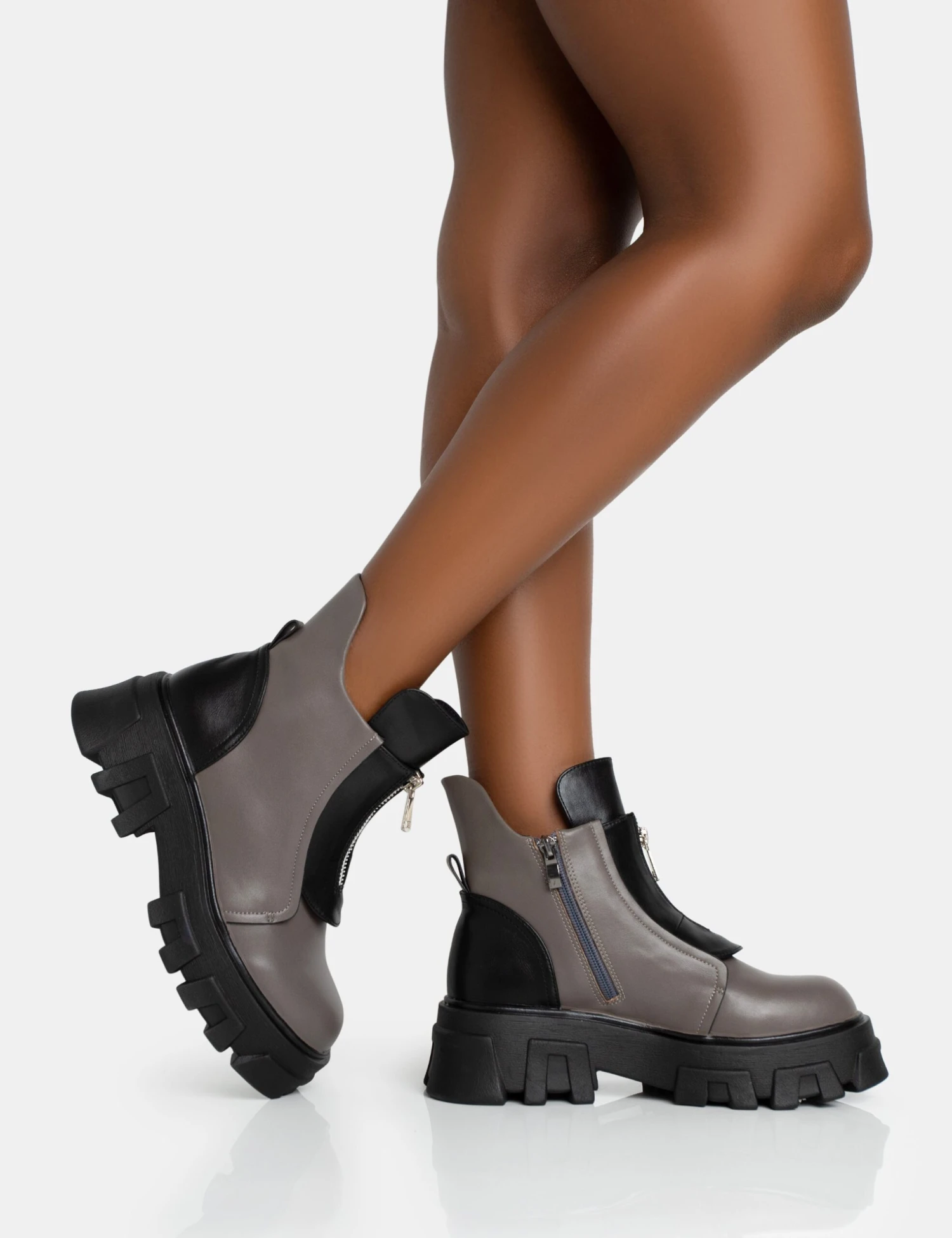Astra Wide Fit Grey And Black Zip Front Chunky Ankle Boots 2 Astra Wide Fit Grey And Black Zip Front Chunky Ankle Boots - Image 2