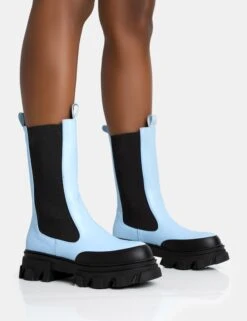 Boots Store 34 Kira Blue PU Chunky Sole Chelsea Ankle Boots