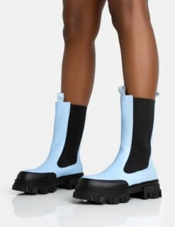 Kira Blue PU Chunky Sole Chelsea Ankle Boots -Boots Store 771A5632