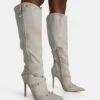 Worthy Aged Pu Studded Zip Detail Pointed Toe Stiletto Knee High Boots