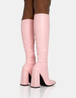 Caryn Baby Pink Pu Knee High Block Heeled Boots -Boots Store 771A5904