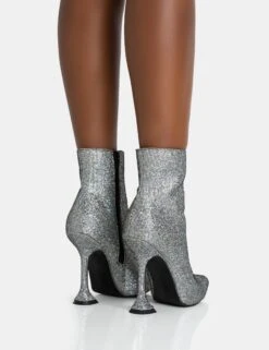 Arabella SIlver Glitter Pointed Toe Cake Stand Heeled Ankle Boots -Boots Store 771A5946