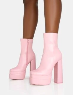 Supine Baby Pink PU Chunky Heeled Platform Ankle Boots -Boots Store 771A5987