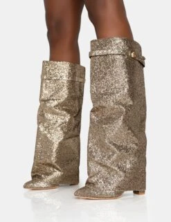 Echo Gold Glitter Twist Lock Detail Fold Over Pointed Toe Knee High Boots -Boots Store 771A6004