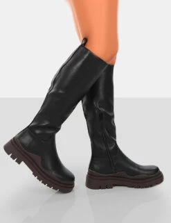 On Point Chocolate Black PU Chunky Sole Knee High Boots -Boots Store 771A6337copy