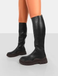 On Point Chocolate Black PU Chunky Sole Knee High Boots -Boots Store 771A6340