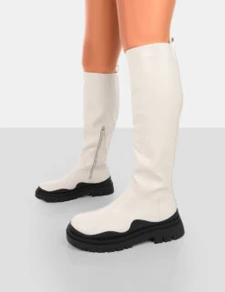 On Point Ecru Black PU Chunky Sole Knee High Boots -Boots Store 771A6345copy