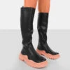 On Point Pink Black PU Chunky Sole Knee High Boots