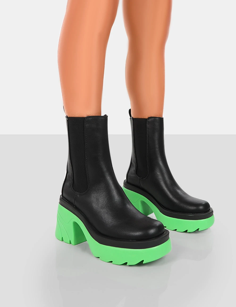 Step Up Black Green PU Platform Chunky Sole Heeled Ankle Boots 1 Step Up Black Green PU Platform Chunky Sole Heeled Ankle Boots