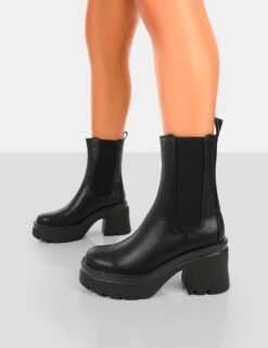 Step Up Black Drench PU Platform Chunky Sole Heeled Ankle Boots -Boots Store 771A6357