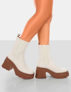 Step Up Ecru Brown PU Platform Chunky Sole Heeled Ankle Boots -Boots Store 771A6358copy