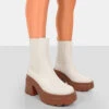 Step Up Ecru Brown PU Platform Chunky Sole Heeled Ankle Boots