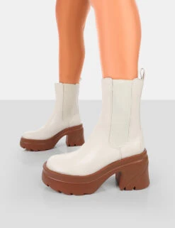 Step Up Ecru Brown PU Platform Chunky Sole Heeled Ankle Boots -Boots Store 771A6361