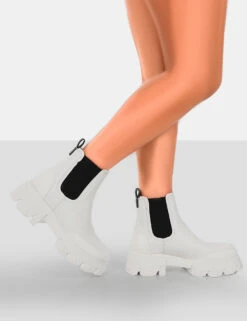 By Midnight White Pu Platform Chunky Sole Chelsea Boots -Boots Store 771A6373copy