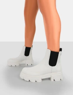 By Midnight White Pu Platform Chunky Sole Chelsea Boots -Boots Store 771A6376