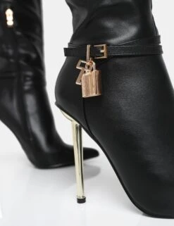 Jayden Black Pu Padlock Detail Pointed Toe Gold Stiletto Heel Knee High Boots -Boots Store 771A6743