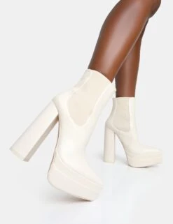 Cady Ecru Pu Platform Pointed Toe Block Heel Ankle Boots -Boots Store 771A6799
