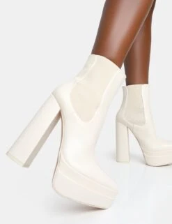 Cady Ecru Pu Platform Pointed Toe Block Heel Ankle Boots -Boots Store 771A6799copy