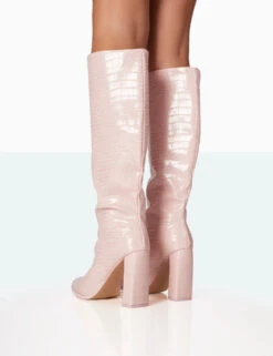 Posie Baby Pink Croc PU Knee High Block Heel Boots -Boots Store 771A7019