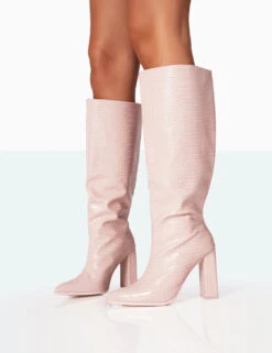 Posie Baby Pink Croc PU Knee High Block Heel Boots -Boots Store 771A7020 79ea3cb7 db4a 46a4 ad06 f1920793854c