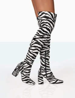 Boots Store 15 Meridian Zebra Grain PU Block Heel Over The Knee High Boots