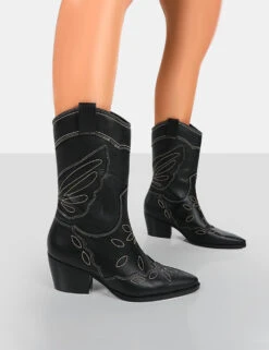 Boots Store 30 Howdy Black PU Pointed Toe Western Cowboy Block Ankle Boots