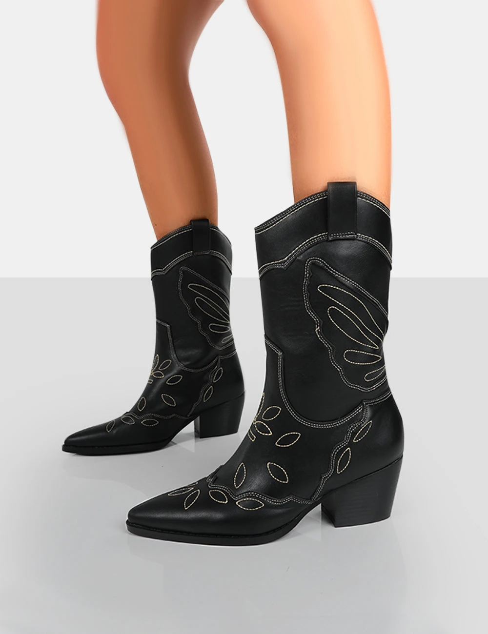 Howdy Black PU Pointed Toe Western Cowboy Block Ankle Boots 3 Howdy Black PU Pointed Toe Western Cowboy Block Ankle Boots - Image 3