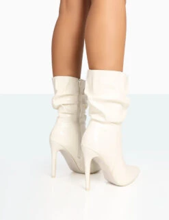 Zurich Ecru Patent Croc Stiletto Ankle Pointed Heeled Boots -Boots Store 771A7866