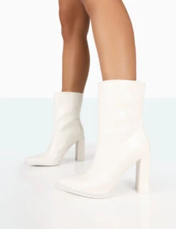 Bridget White PU Pointed Toe Block Heeled Ankle Boots 6 Bridget White PU Pointed Toe Block Heeled Ankle Boots -Boots Store 771A7928