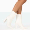 Bridget White PU Pointed Toe Block Heeled Ankle Boots