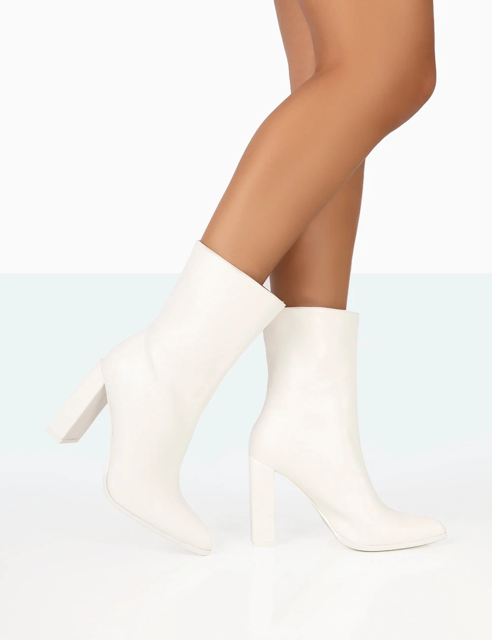 Bridget White PU Pointed Toe Block Heeled Ankle Boots 1 Bridget White PU Pointed Toe Block Heeled Ankle Boots