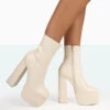 Supine Ecru Patent Croc Chunky Heeled Platform Ankle Boots