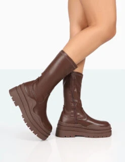 Cam Chocolate PU Chunky Sole Round Toe Ankle Boots -Boots Store 771A8179