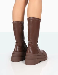 Cam Chocolate PU Chunky Sole Round Toe Ankle Boots -Boots Store 771A8180