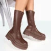 Cam Chocolate PU Chunky Sole Round Toe Ankle Boots