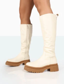 Jersey Ecru Pu Contrasting Chunky Sole Knee High Boots -Boots Store 771A8242