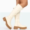 Jersey Ecru Pu Contrasting Chunky Sole Knee High Boots