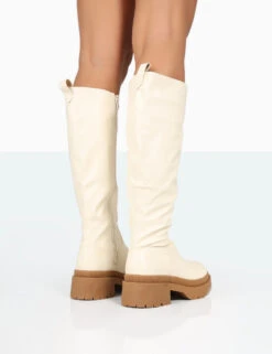 Jersey Ecru Pu Contrasting Chunky Sole Knee High Boots -Boots Store 771A8244