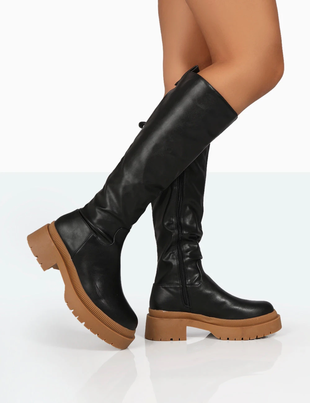 Jersey Black Pu Contrasting Chunky Sole Knee High Boots 1 Jersey Black Pu Contrasting Chunky Sole Knee High Boots
