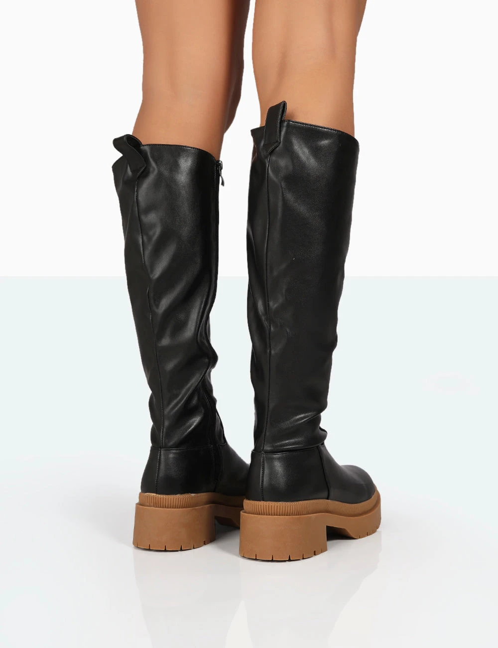 Jersey Black Pu Contrasting Chunky Sole Knee High Boots 3 Jersey Black Pu Contrasting Chunky Sole Knee High Boots - Image 3