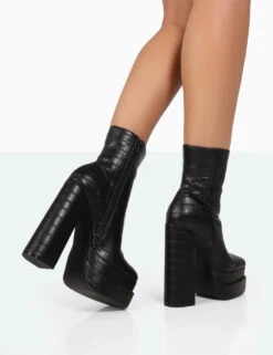 Supine Black Patent Croc Chunky Heeled Platform Ankle Boots -Boots Store 771A8286