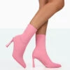 Farah Pink Knitted Pointed Toe Stiletto Heel Ankle Sock Boots
