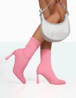 Farah Pink Knitted Pointed Toe Stiletto Heel Ankle Sock Boots -Boots Store 771A8308