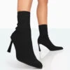 Farah Black Knitted Pointed Toe Stiletto Heel Ankle Sock Boots