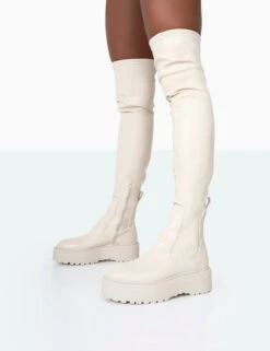 Pheonixe Ecru Pu Chunky Sole Round Toe Over The Knee Boots -Boots Store 771A9898