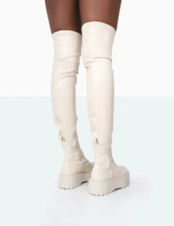 Pheonixe Ecru Pu Chunky Sole Round Toe Over The Knee Boots -Boots Store 771A9900 61e66d0a bdc8 4d16 bded eff302a98b51