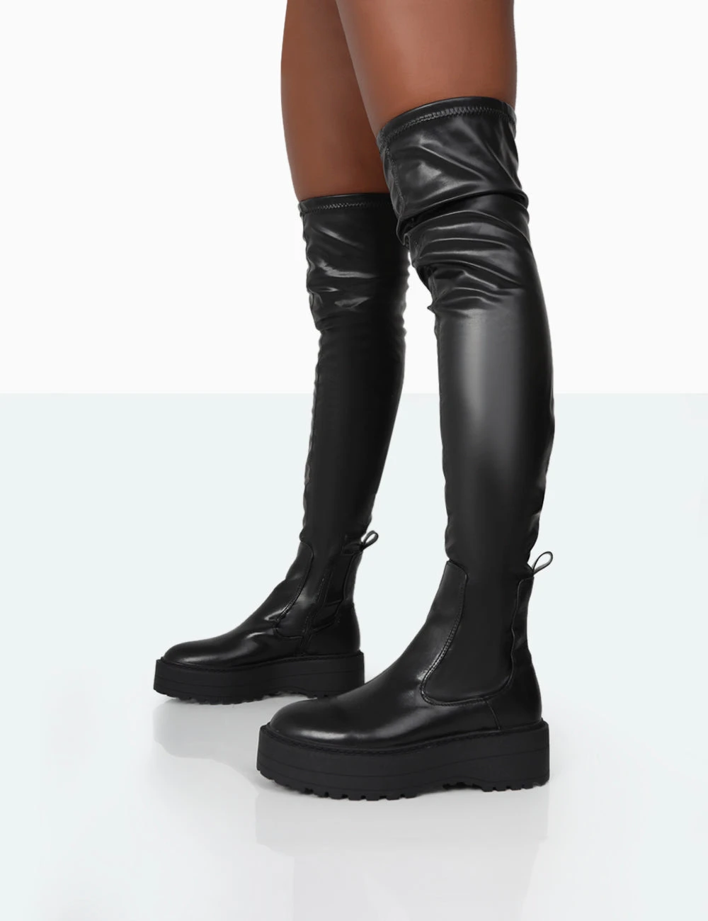 Pheonixe Black Pu Chunky Sole Round Toe Over The Knee Boots 3 Pheonixe Black Pu Chunky Sole Round Toe Over The Knee Boots - Image 3