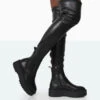 Pheonixe Black Pu Chunky Sole Round Toe Over The Knee Boots
