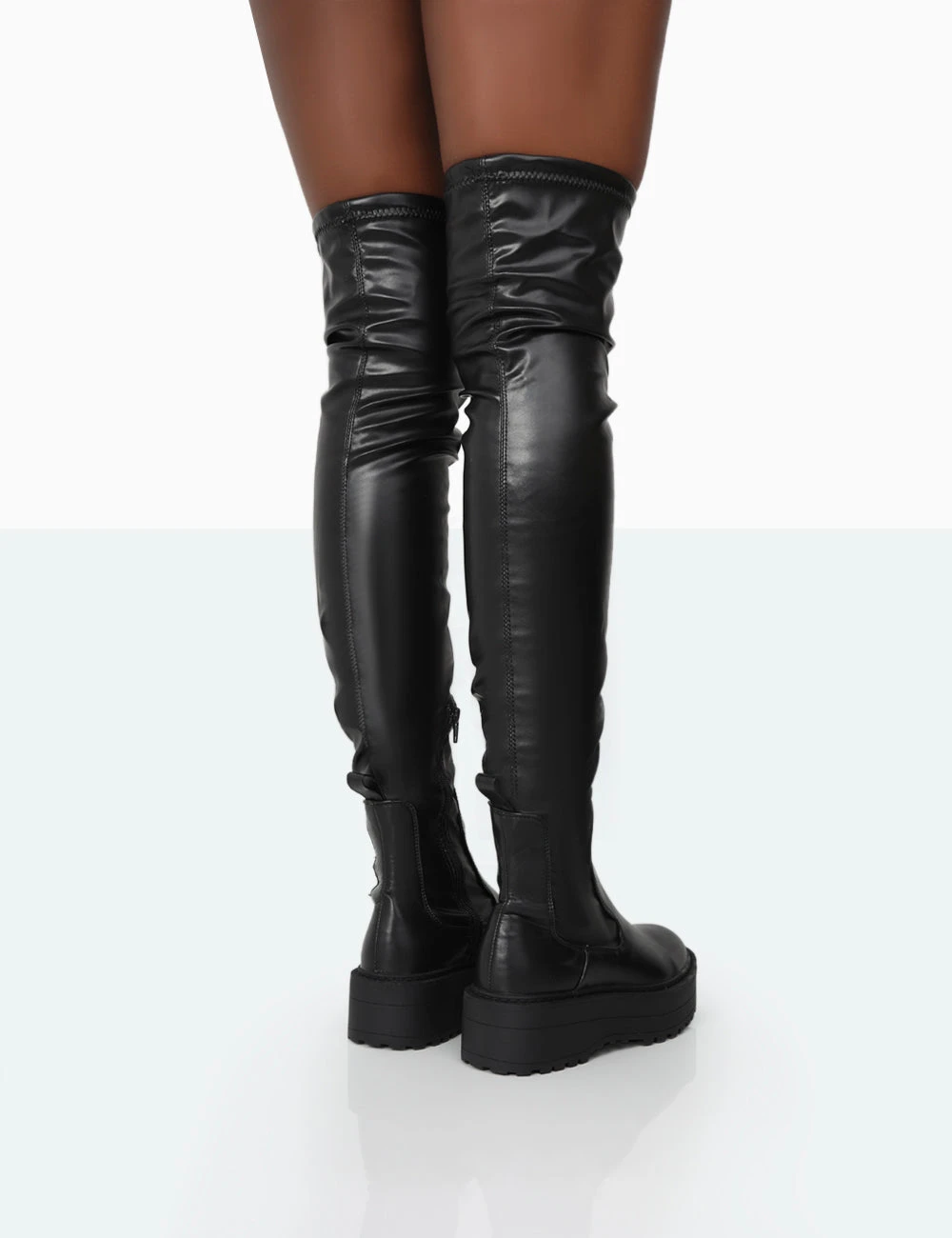 Pheonixe Black Pu Chunky Sole Round Toe Over The Knee Boots 4 Pheonixe Black Pu Chunky Sole Round Toe Over The Knee Boots - Image 4